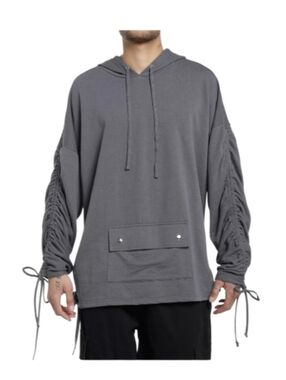 Hot Topic Social Collision M Gray Hooded Pullover Ruched Sleeve Ties Hoodie